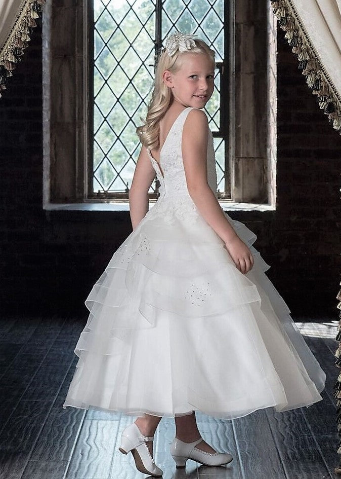 macis design dresses Contrast Flower Christening Gown & Accessories CH258 Sara's Children's Boutique Macis Design First Communion Dresses