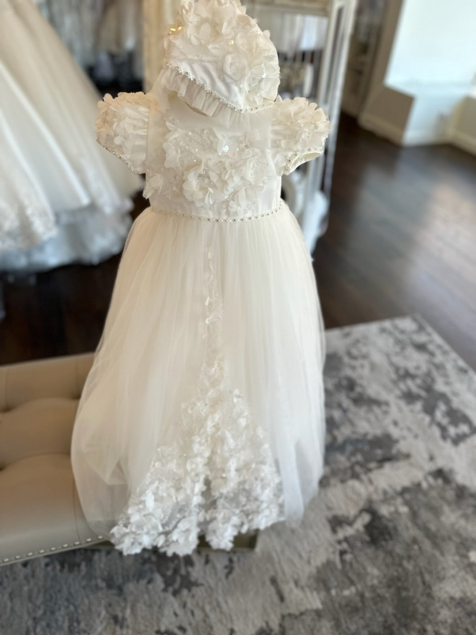 princess daliana christening dress Princess Daliana Metallic Lace High Low Dress with Train
