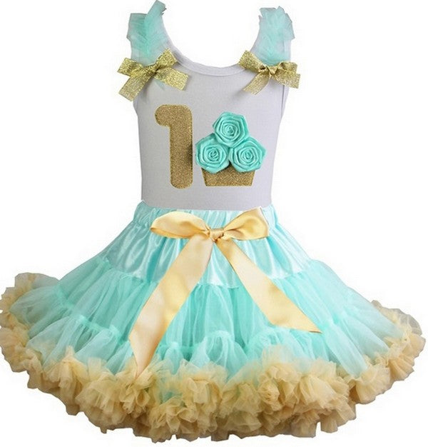 Mint and Gold Cupcake Birthday Pettiskirt Outfit Set